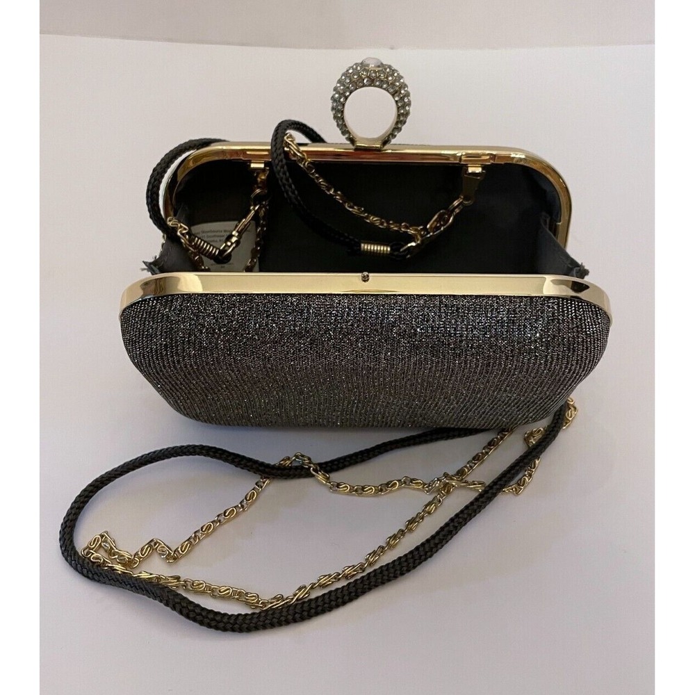 Payless Womens Clamshell Rhinestone Ring Purse Silver Gold Shoulder Strap Lined - Picture 5 of 15